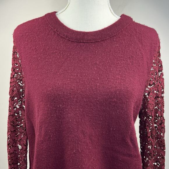 Tory Burch Maroon Dina Merino Wool Lace Sleeves Crew Neck Sweater L Peplum Back - Picture 3 of 11